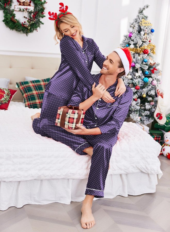 Ekouaer Couples Matching Pajamas Silk Long Sleeve Sleepwear Satin Soft Button Down Loungewear Pjs Set,Navy White Polka Dots,S - Image 4